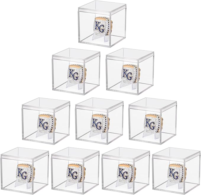 10 Pack Championship Ring Display Case Clear Acrylic Case Display Box for Sports Baseball Basketball Softball Golf Single Ring Coin Holder Stand, 2.16 Inch