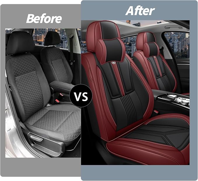 Arazi Fit for 90% of Mercedes-Benz Seat Covers, 360° Full Wrap Original Seat Cover, Waterproof Nappa Leather Seat Covers with Big Space Storage Pocket Seat Protector（2 Seats Luxury, Black&Red）