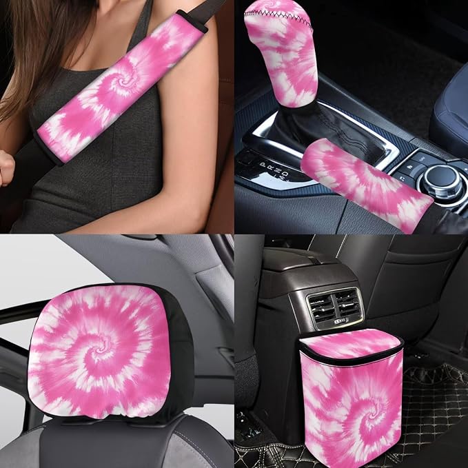 BIGCARJOB Pink Tie Dye Car Seat Cover Full Set 15 Pieces Tie Dye Car Interior Accessories Set with Universal Steering Wheel Cover Car Trash Can Hanging Seat Headrest Covers