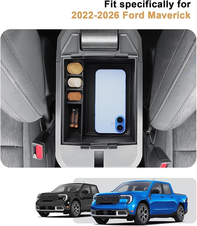 ECOZEN Double-Layer Center Console Organizer For 2022-2026 Ford Maverick - Armrest Box Storage Tray Compatible with 2022-2026 Maverick Hybrid Accessories - Black Solid ABS Anti-Slip Mat