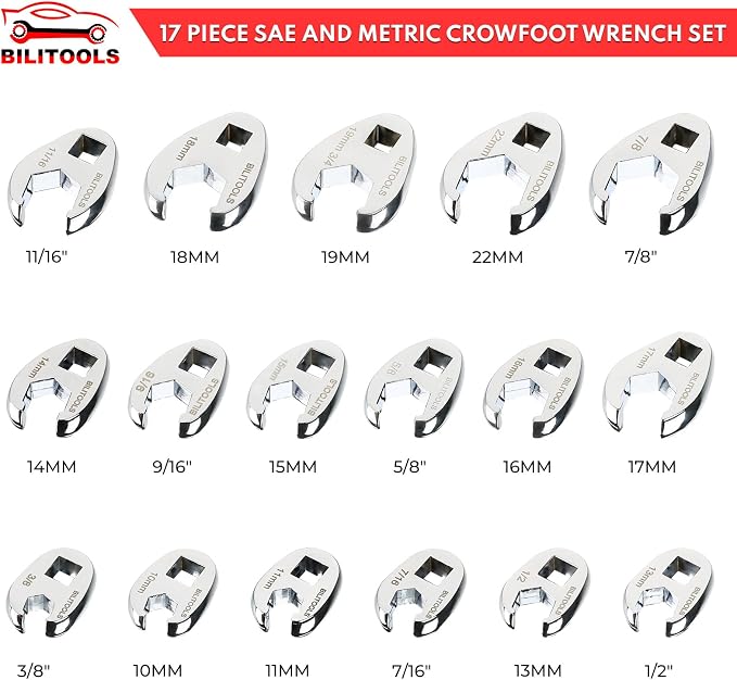 BILITOOLS Wobble Extension Set& Crows Foot Wrench Set, 3/8" Drive Crowfoot Flare Nut Cr-V Metric 10-22mm & SAE 3/8"-7/8" | 17 Piece