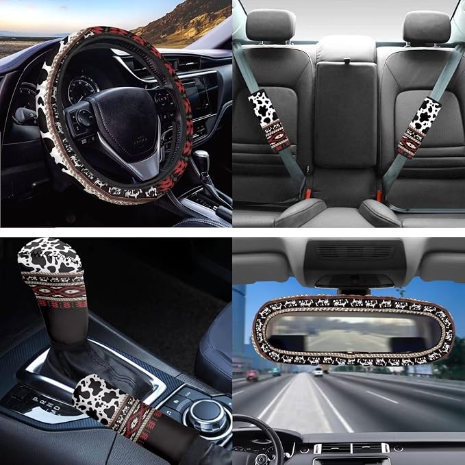 14 Piece Aztec Cow Car Seat Covers Full Set Cow Car Accessory Neoprene Steering Wheel Cover Seatbelt Pads Keychain Vehicle Mirror Accessory Handbreak Gear Shift Cushion for Women Men