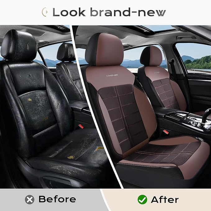 Coverado Leather and Air Mesh Seat Cover, Car Seat Cover Full Set, 3D Breathable Seat Protectors Sports Carbon Fiber Design Airbag Compatible Comfort Universal for Most Cars, Van,Trucks, SUV, Brown