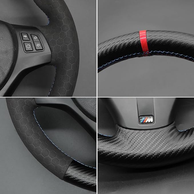 MEWANT Steering Wheel Cover for BMW 1 Series E81 E82 E87 E88 /3 Series E90 E91 E92 E93/ M3 E90 E92 E93Hand Stitch Suede and Carbon Fiber