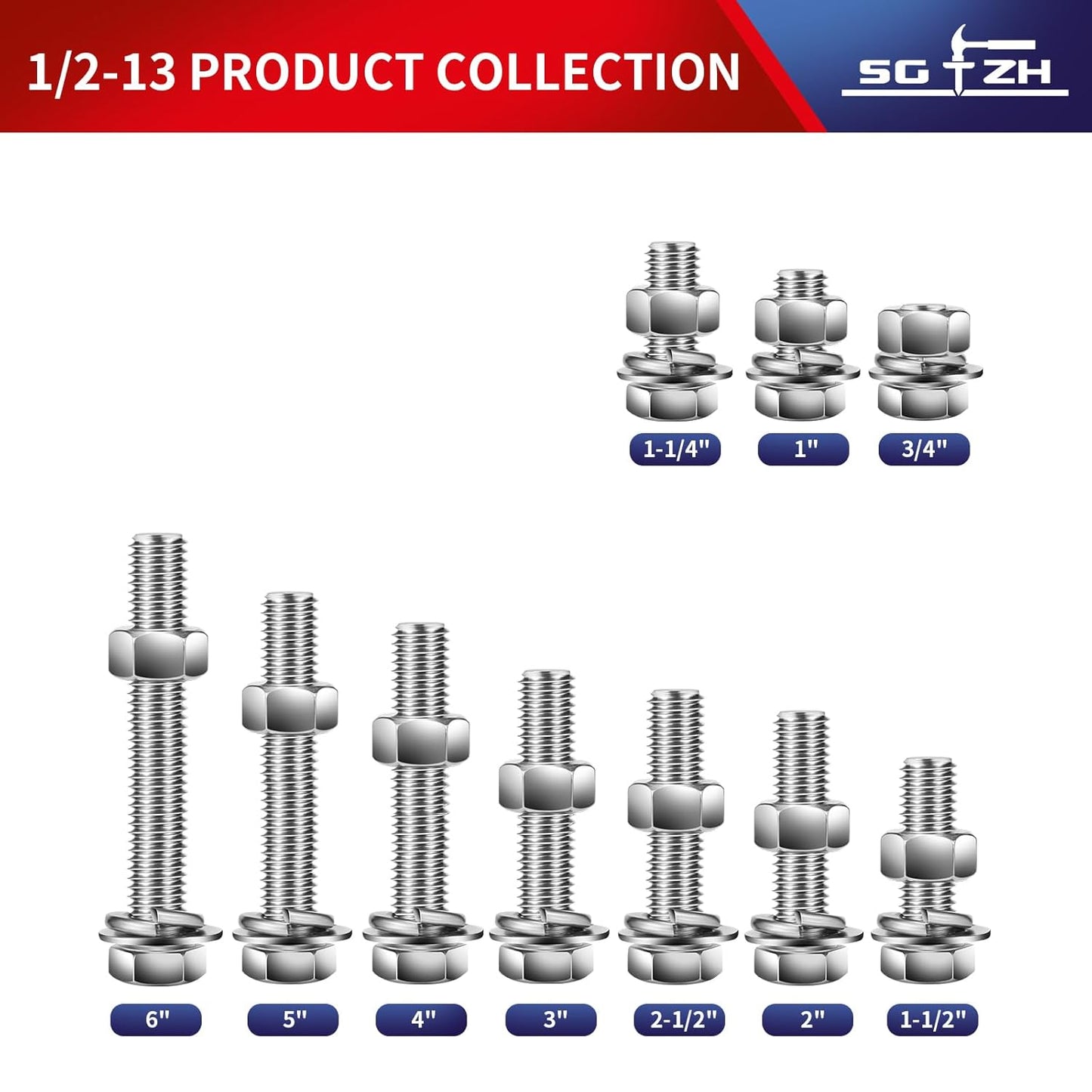 1/2-13 x 5" Hex Head Screw Bolt, Nuts, Flat & Lock Washers, 10Pcs 18-8 (304) Stainless Steel, Fully Threaded, by SG TZH