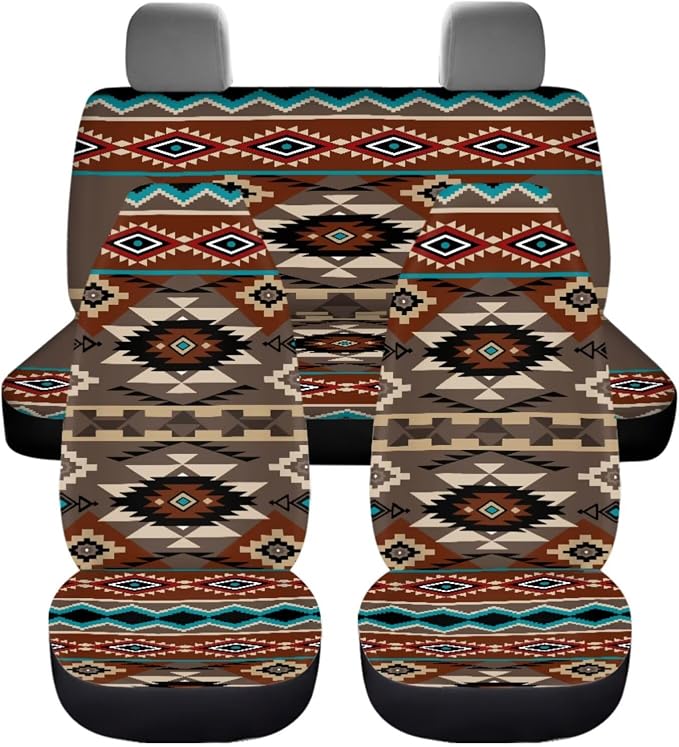 Dreaweet Geometric Aztec Car Seat Covers Full Set Southwestern Native American Seat Covers with Steering Wheel Cover,Center Console Cover,Seat Belt Pads,Coasters,Gear Shift & Handbrake Cover,12 Pcs