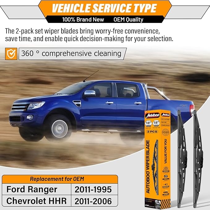 AUTOBOO 18"+18" Windshield Wipers Replacement for Ford Ranger 1995-2011 Chevrolet HHR 2006-2011-Original Factory Quality Wiper Blades (Pack of 2)