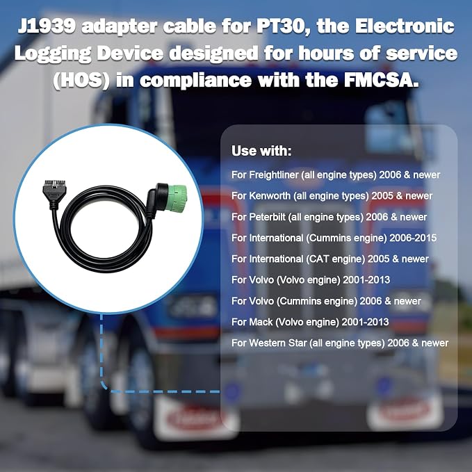 J1939 9 Pin Green to 10 Pin Adapter Cable for PT30 ELD Devices - Heavy Duty Truck Diagnostic Connector for Freightliner Kenworth Peterbilt Westernstar Volvo, SAE J1939 Type 2 ELD Cable