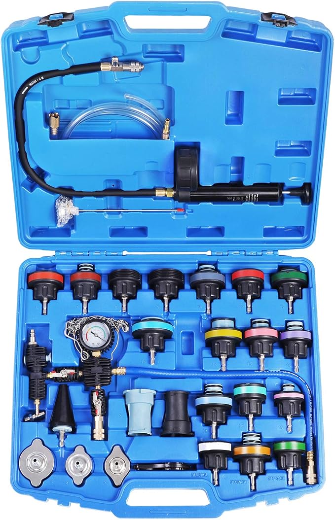 YSTOOL Radiator Pressure Tester Pneumatic Vacuum Cooling System Purge Refill Kit 28PCS Universal Automotive Water Tank Leak Test and Coolant Fill Tool Set with Adapters Gauge Case