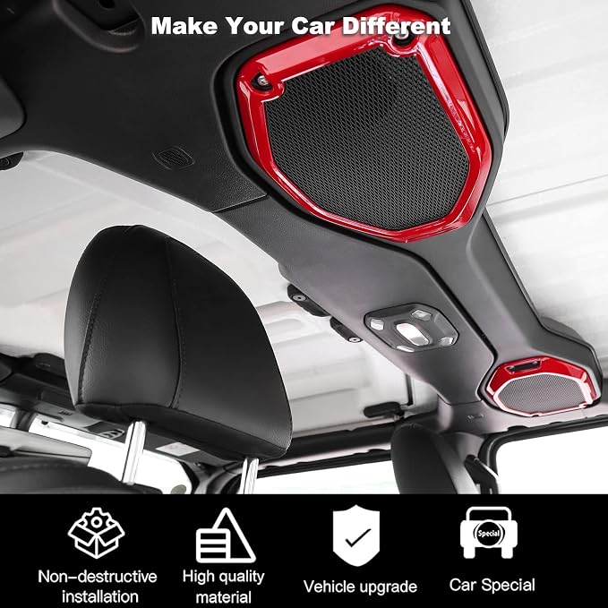 A Pillar Speaker Trim Cover & Roof Speaker Audio Trim Cover Ring Kit Decoration Interior Accessories for Jeep Wrangler JL JLU & Gladiator JT 2018-2022,Red