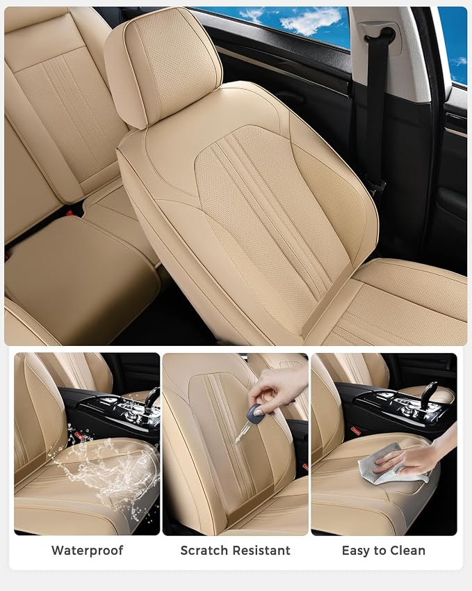 Huidasource Beige Seat Covers, Luxury Faux Leather Car Seat Cover, Velcro Adjustable, with Airbags, Seat Belts, Thinning Design Perforation Cooling＆Heating Fit for Most Cars, Vans, Trucks, SUVs, Beige