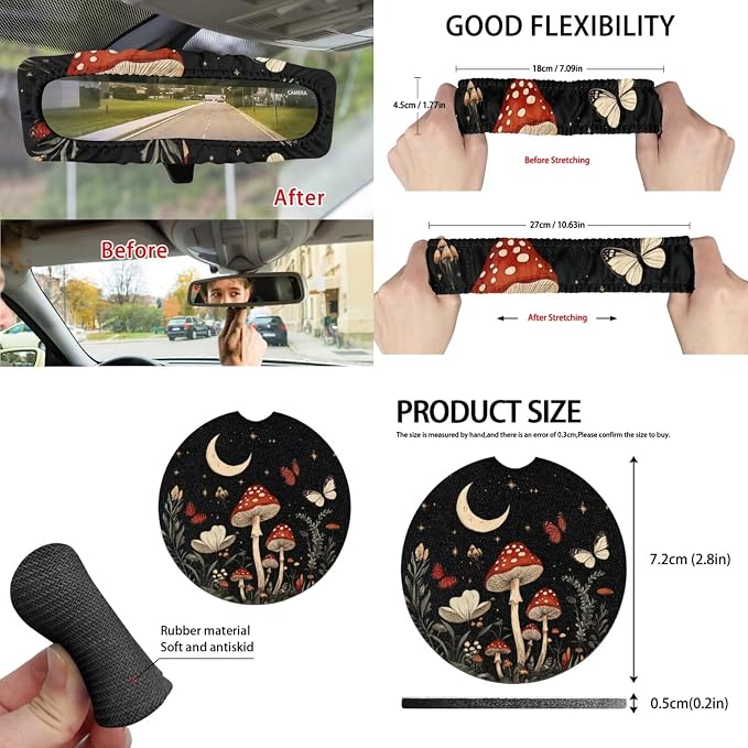 Moon Mushroom Butterfly Car Seat Covers Full Set for Women Cute Car Accessories Interior Car Steering Wheel Cover Seatbelt Covers Trash Bin Rear View Mirror Cover Cup Holders Keychain