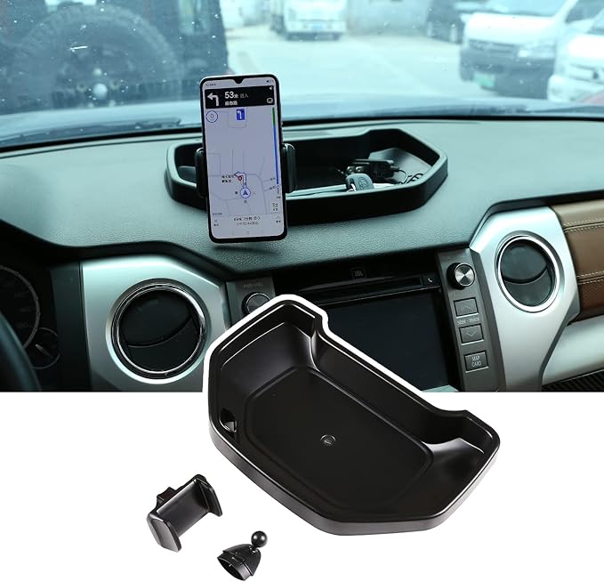 Black ABS Car Center Console Dash Table Storage Tray Fit for Toyota Tundra 2014-2021 Instrument Organizer 360° Rotating Phone Holder Cradle Accessories (with Mobile Phone Holder)