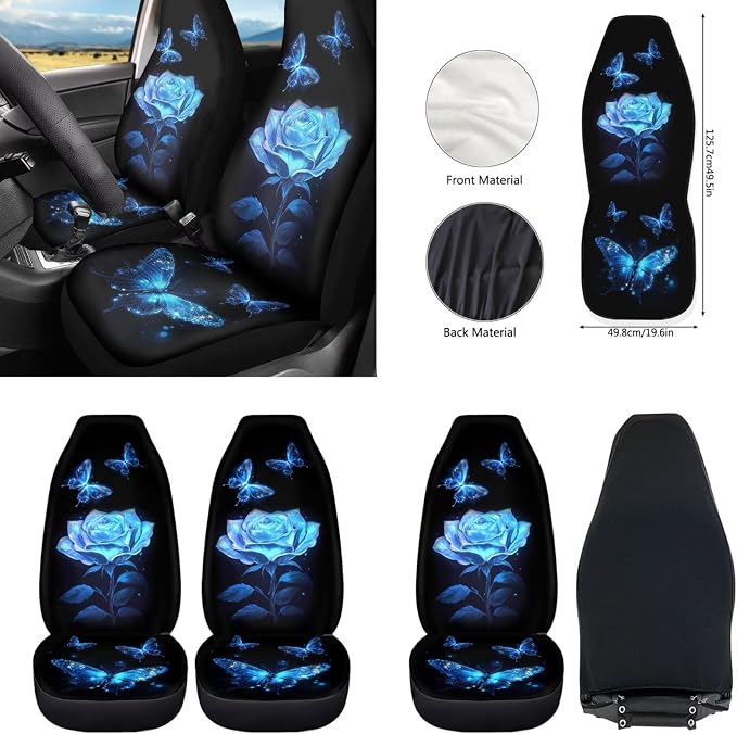 Howilath Blue Rose Butterfly Front Car Seat Covers Set with Center Console Cover+Steering Wheel Cover+Seatbelt Pads+Keychain+Coasters Interior Accessories Fit Sedan Truck Van