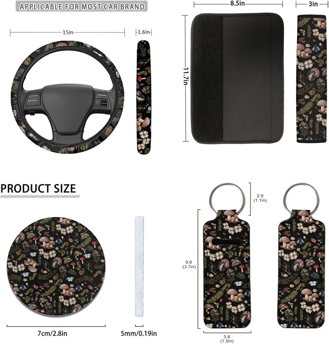 Butterfly Mushroom Car Seat Cover Full Set for Front Back,Seatbelt+KeychainsMushrooms Car Coaster15Inch Car Steering Wheel Cover,12PCS Hippie Mushroom Car Accessory Set for Women Men