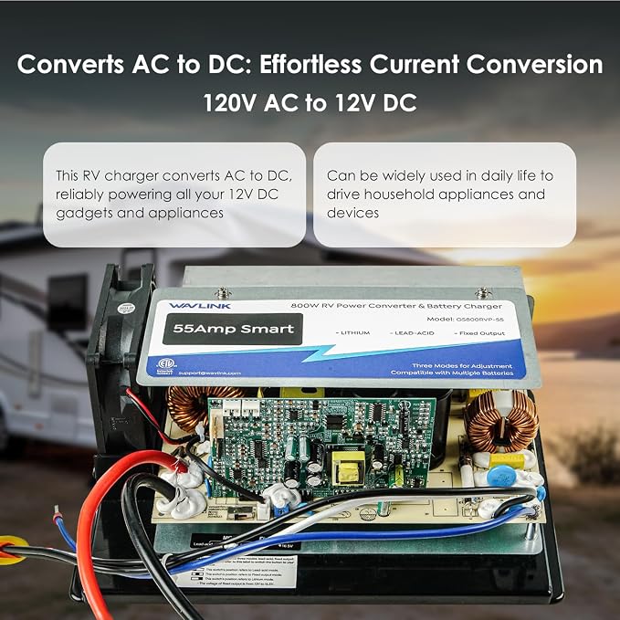 WAVLINK 55 Amp RV Power Converter, 120V AC to 12V DC Battery Charger with 3 Smart Charging Modes, 13V-16.5V Adjustable Operating Range, Multi-Stage Charging Assembly for Li/Lead Acid Batteries