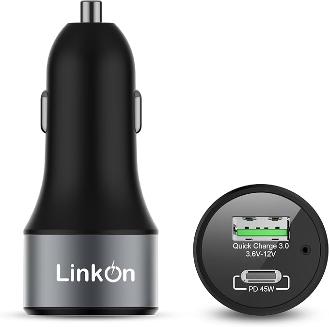 LinkOn 63W USB C Car Charger PPS&PD 3.0(45W) + QC 3.0(18W) Dual Port – Fast Car Charger Compatible with Laptop, Phone & Tablet – MacBook, Dell XPS, HP Spectre, iPad, iPhone, Samsung, Google Pixel