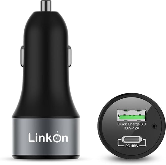 LinkOn 63W USB C Car Charger PPS&PD 3.0(45W) + QC 3.0(18W) Dual Port – Fast Car Charger Compatible with Laptop, Phone & Tablet – MacBook, Dell XPS, HP Spectre, iPad, iPhone, Samsung, Google Pixel