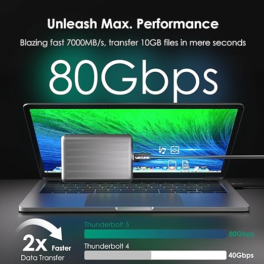 WAVLINK Thunderbolt 5 Cable, 120Gbps Fast Data Transfer, 240W Power Delivery USB-C Cable, 8K/16K Display Support, Backwards Compatible TB4/3/USB4/3, Ideal for Gaming, Laptops, Monitors and Docks-3.3ft
