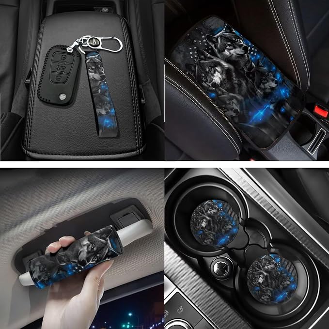 18 Pcs US Flag Gray Wolf Print Car Interior Accessories Set, Car Seat Covers Full Set with Auto Floor Mats Steering Wheel Cover Armrest Pad Handle Wraps Seat Belt Pads Cup Coaster Keychains