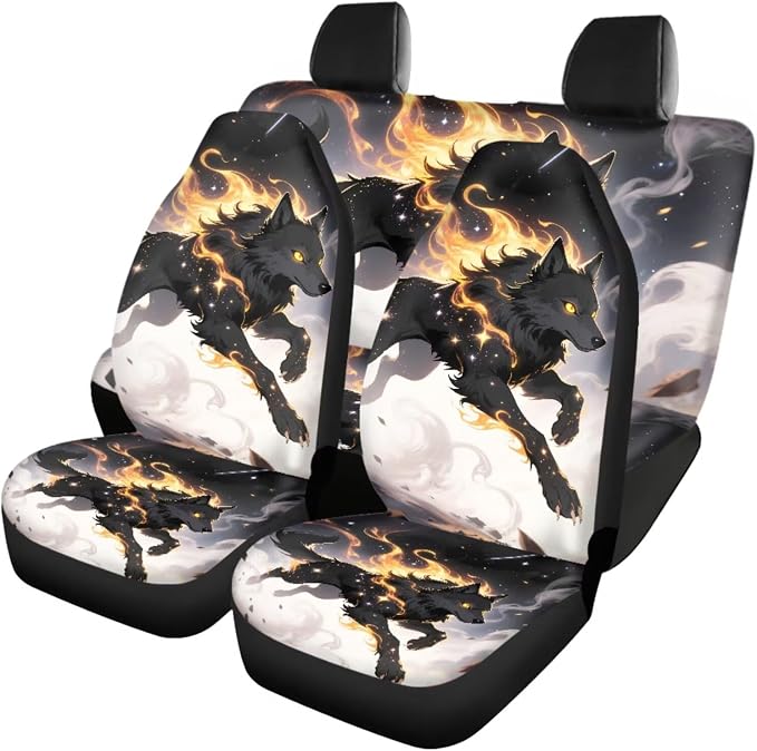 18 Pcs Cool Wolf Car Interior Accessories Set, Car Seat Covers Full Set with Auto Floor Mats Steering Wheel Cover Armrest Pad Seat Belt Pads Handle Wraps Keychain Cup Coaster
