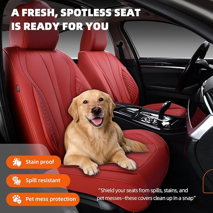 2-Seater Car Seat Covers Full Set, Fit for Front Seats of Cars, Waterproof and Breathable Nappa Leather, Compatible with Airbags, Car Seat Protector Covers for Most Cars - Wine red