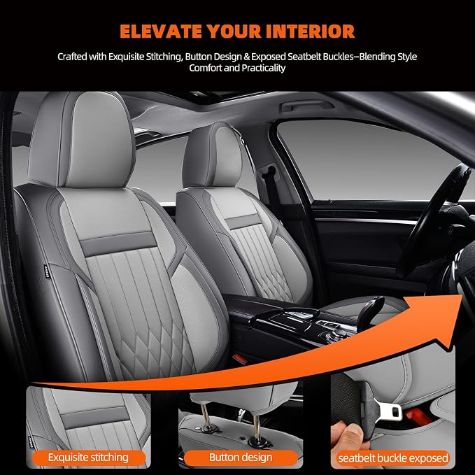 Universal 2-Seater Waterproof Breathable Nappa Leather Car Seat Covers Full Set, Compatible with Toyota Corolla Camry, Lexus LS400, Nissan Murano Rogue, Fit Front Seats Most Sedans SUV- Gray