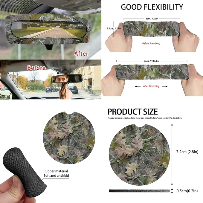 15 Pcs Green Camouflage Car Seat Covers Full Set for Women Men Car Accessories Interior Car Steering Wheel Cover Seatbelt Covers Trash Bin Rear View Mirror Cover Cup Holders Keychain