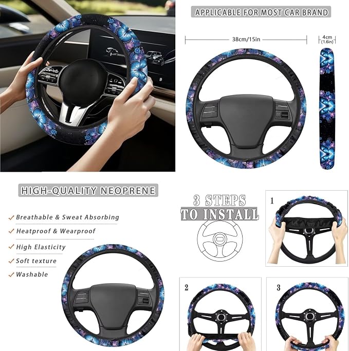 Blue Butterfly 15Pcs Car Seat Cover Full Set Car Steering Wheel Cover Seat Belt Cover Trash Bin Front Rear View Mirror Car Cup Holder Keychain