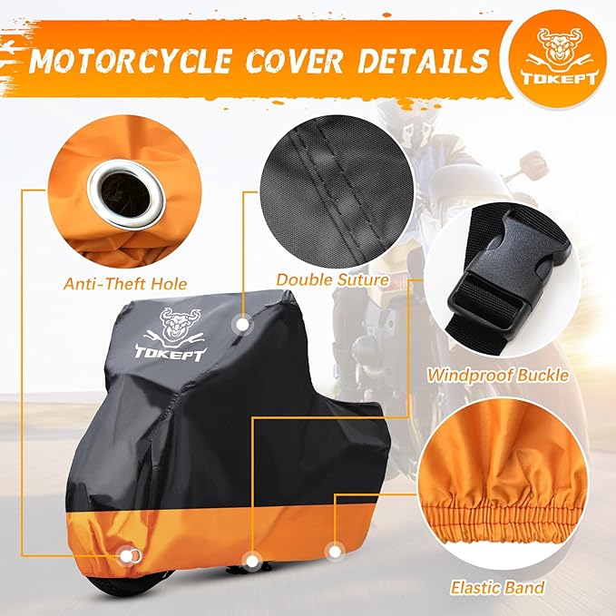 Motorcycle Cover, All-Season Waterproof Outdoor Sun Protection Fit up to 116 Inch Harley-Davidson Honda Suzuki Kawasaki Yamaha (XXXL Black&Orange)