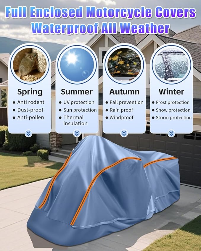 Full Enclosed Large Motorcycle Cover Waterproof Outdoor/Indoor Storage Waterproof Motorcycle Cover Heavy Duty with Reflective Strips Fits Motorcycles Length up to 118" with Side+Top Box