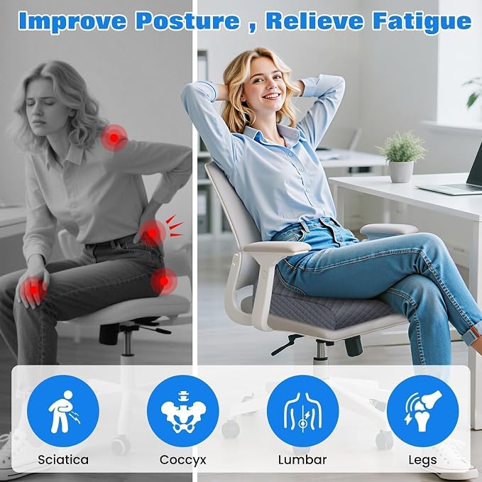 Seat Cushion for Office Chair, Memory Foam Chair Cushions, Car Seat Cushion for Long Sitting, Desk Chair Cushion for Pressure Relief, Non-Slip Bottom, Washable Cover, Large, Grey
