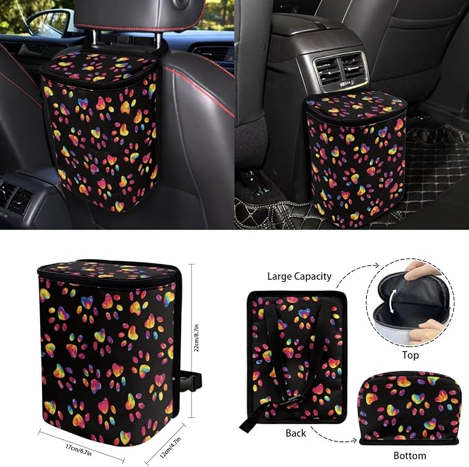 Colorful Dog Paw Car Seat Cover Set for Women, Car Steering Wheel Cover Seat Belt Pads Trash Bin Rearview Mirror Cover Cup Holder Wrist Key Chain, 15 PCS