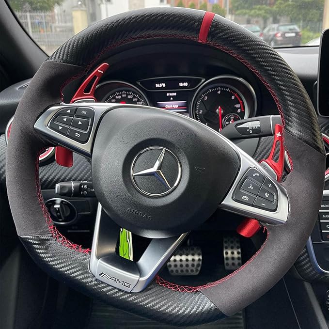 Matte Black Carbon Fiber&Suede Leather Steering Wheel Cover Hand-Stitch on Wrap Fit for Mercedes Benz W205/C43 GLA45 GLC43 AMG/CLA-Class C117/X156/C218/W213/X253 C253/W166/W222/SLC R172/R231