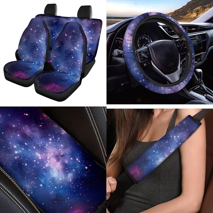 Purple Galaxy Car Seat Covers Set 12 Pcs with Steering Wheel Cover Seat Belt Cover Center Console Cover Keychain Holder Easy to Install Fit for Most Cars, SUVs