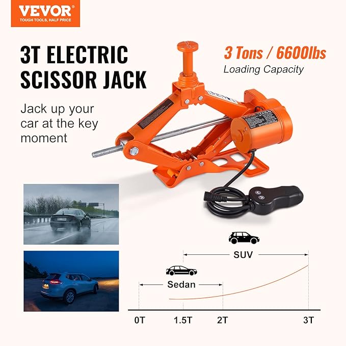 VEVOR Electric Car Jack, 3 Tons /6600 lbs 12V Electric Scissor Jack, Double Saddles with Remote Control, Portable Car Jack for Sedan, SUV, Truck Tire Change Replacement