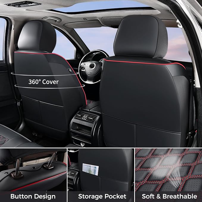 Huidasource 2018-2026 Wrangler JL Front Seat Covers, 2Pcs Front Seat Covers for Jeep Wrangler JL 2-Door/4-Door, Custom Fit Full Coverage Wrangler Seat Cushion Protector (Front Pair/Black&Red)