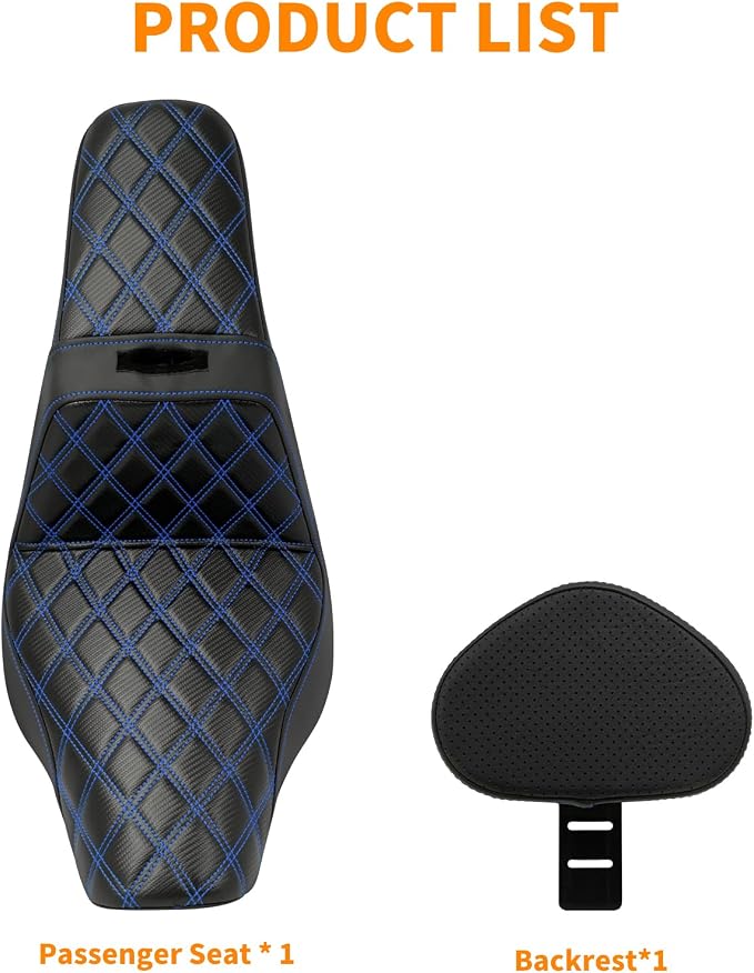 Motorcycles Driver Passenger Seat Cushion Pad One-Piece Seat Leather Pillion with Driver Backrest Fit for Harley Softail Low Rider FXLR FXLRS Sport Glide FLSB 2018-Up (Blue Stitching)