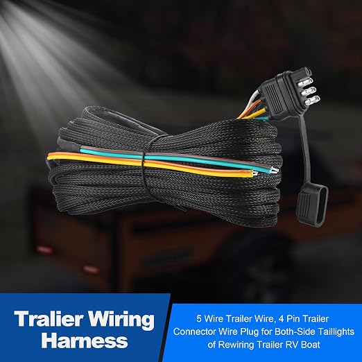 4 Pin 5 Wire Trailer Wiring Harness, 22FT Trailer Wiring Harness Kit, Boat Trailer Wiring Harness, 5 Wire 4 Pin Flat Trailer Connector, for Connection of Tail Lights, Brake Lights and Turn Signals