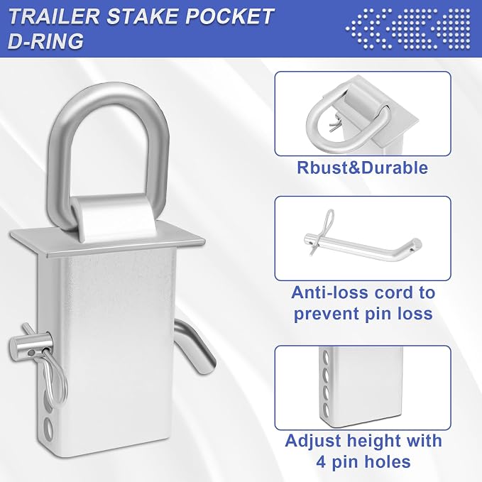 Hedday Trailer Stake Pocket D Ring 6PCS 16200lbs Heavy Duty Removable Adjustable D-Ring | Stake Pocket Tie Downs for Utility Trailers, Flatbed Trucks w/ 1/2" Hitch Pin(Silvery)
