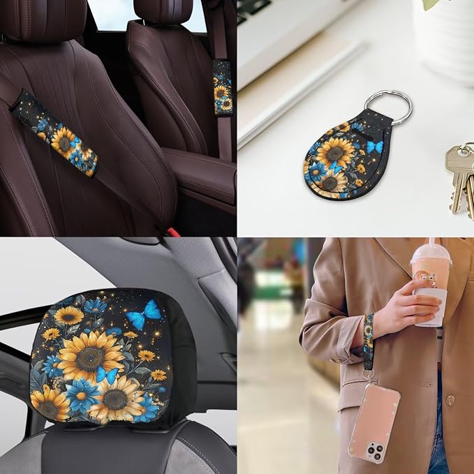 Butterfly Sunflower Print Car Seat Covers Full Sets 18 Pcs Universal Car Interior Accessories Sets Sunflower Print Steering Wheel Car Covers Auto Trash Can Car Headrest Covers Seat Belt Pads