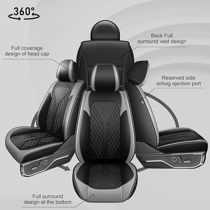 Front Seat Covers for Ford F150 2009-2024 2025 2026- F250/F350/F450 2017-2024 2025 2026: Custom Faux Leather Truck Seat Covers Car Cushion (2 PCS Front,Black&Grey)