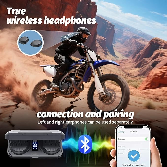 3T6B Motorcycle Bluetooth Headset with Charging Case, Helmet Bluetooth Speaker with Microphones & Remote Control, 1900mAh Battery, 50Hours Work Time, True Wireless Headsets for Riding and Skiing