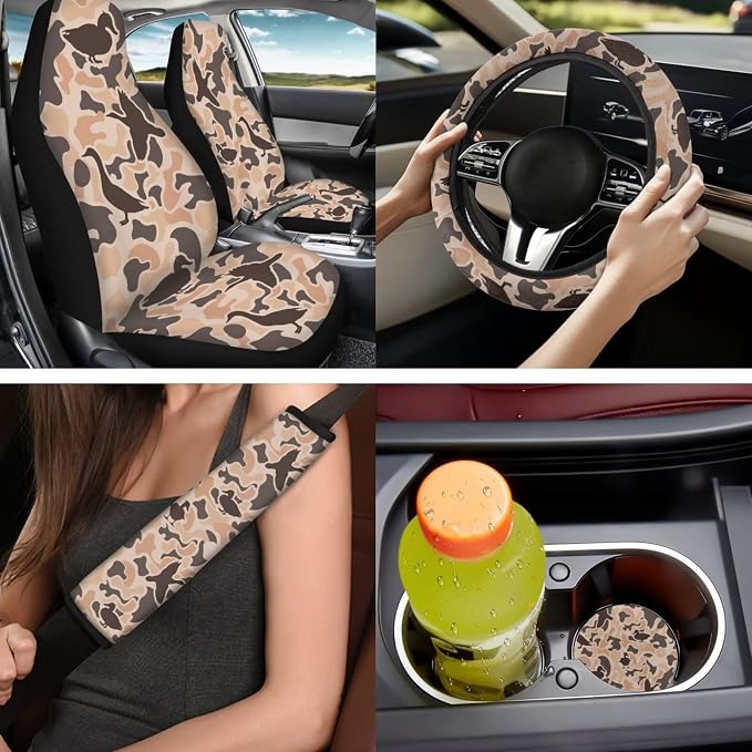 Bulopur Duck Hunting Camo Auto Seat Covers Set with Matching 15 Inch Steering Wheel Cover Stretchy Armrest Cover Soft Seat Headrest Cover 14 Pieces Car Interior Accessories Set