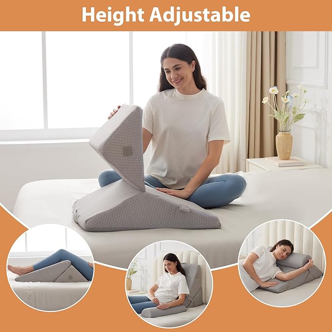BIEEZZK 3PCS Wedge Pillow Set, Adjustable Wedge Pillow Headboard, Bed Wedge Pillows for Back Pain Relief, Sleeping, Post Surgery, Back Support Pillow for Bed Sitting Up, Snoring, GERD, Grey