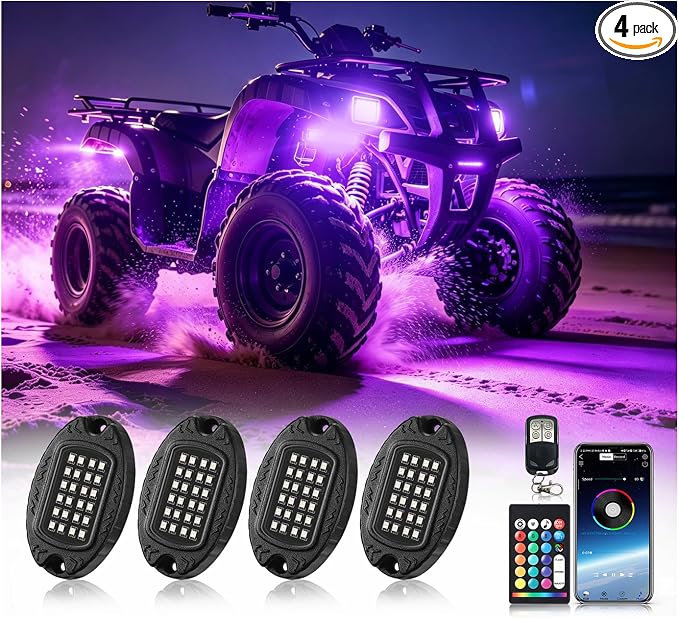4Pods Metal Segmented RGB LED Rock Lights Kit with APP/RF Remote Control, Multicolor Underglow Neon Aluminum Music Mode Brake Light Waterproof 12V for Trucks Jeep Golf ATV UTV RZR SUV SXS