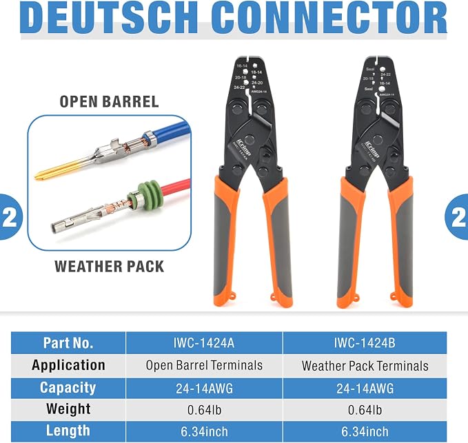 iCrimp Deutsch Terminal Crimp Tool Kit, Close Barrel and Open Barrel Crimper, Deutsch Removal Extraction Tool for Deutsch DT Connectors, Solid & Stamped Contacts, Delphi Weather Pack Terminals-12PCS