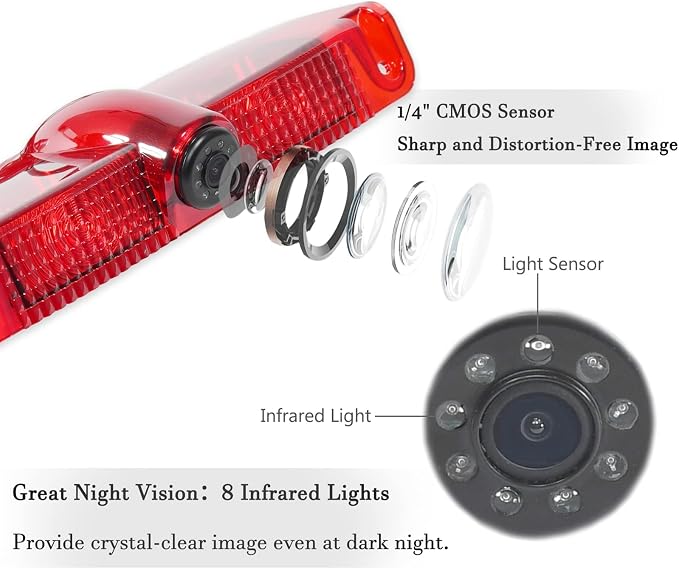 EWAY 3rd Third Brake Light Backup Camera for Chevrolet Express/GMC Savana Explorer Van 1500 2500 3500 2003-2019 Roof Mount Reversing Camera for Cargo Top Rear Brake Light w/ 8 IR Light Night Vision