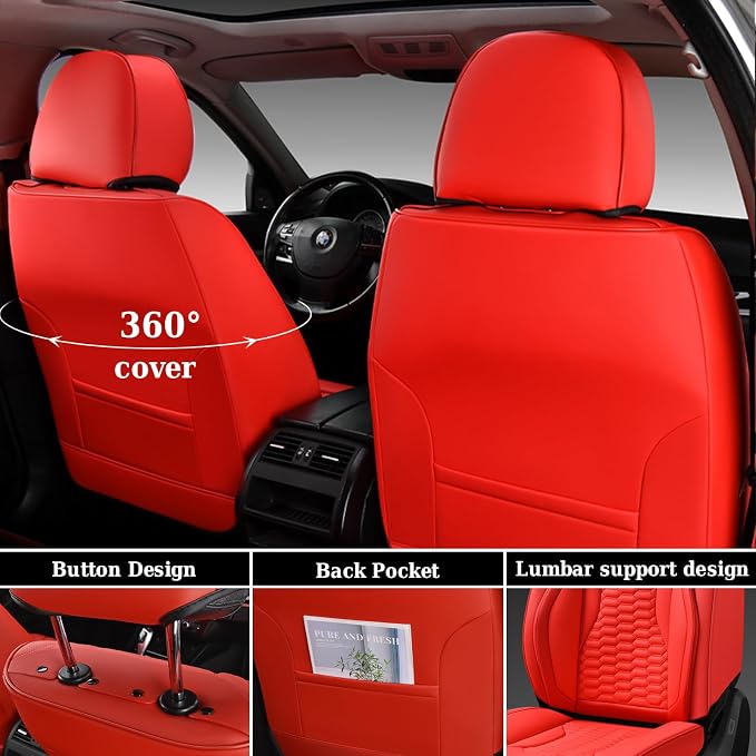 Coverado Seat Covers Front Seats, Luxury Leather Red Car Seat Cover, Waterproof Automotive Car Seat Covers Protector Interior Accessories Universal Fit Most Sedans, SUVs, Pick-up Trucks