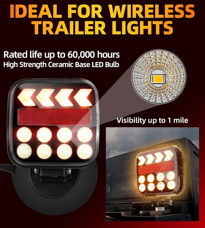 Wireless Trailer Lights, Magnetic Trailer Lights Kit with 4-Pin/7-Pin Transmitter, Rechargeable IP67 Portable Tail Lamps for Truck Boat RV Camper